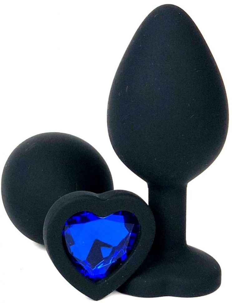 ВТУЛКА АНАЛЬНАЯ, L 73 мм D 28 мм, черное-сердце, цвет кристалла синее, силикон
